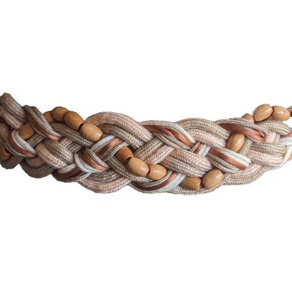 80s Macrame Belt Stretch 30-32" Earth Tones Satin Rope Wooden Beads VTG Boho - Picture 7 of 9